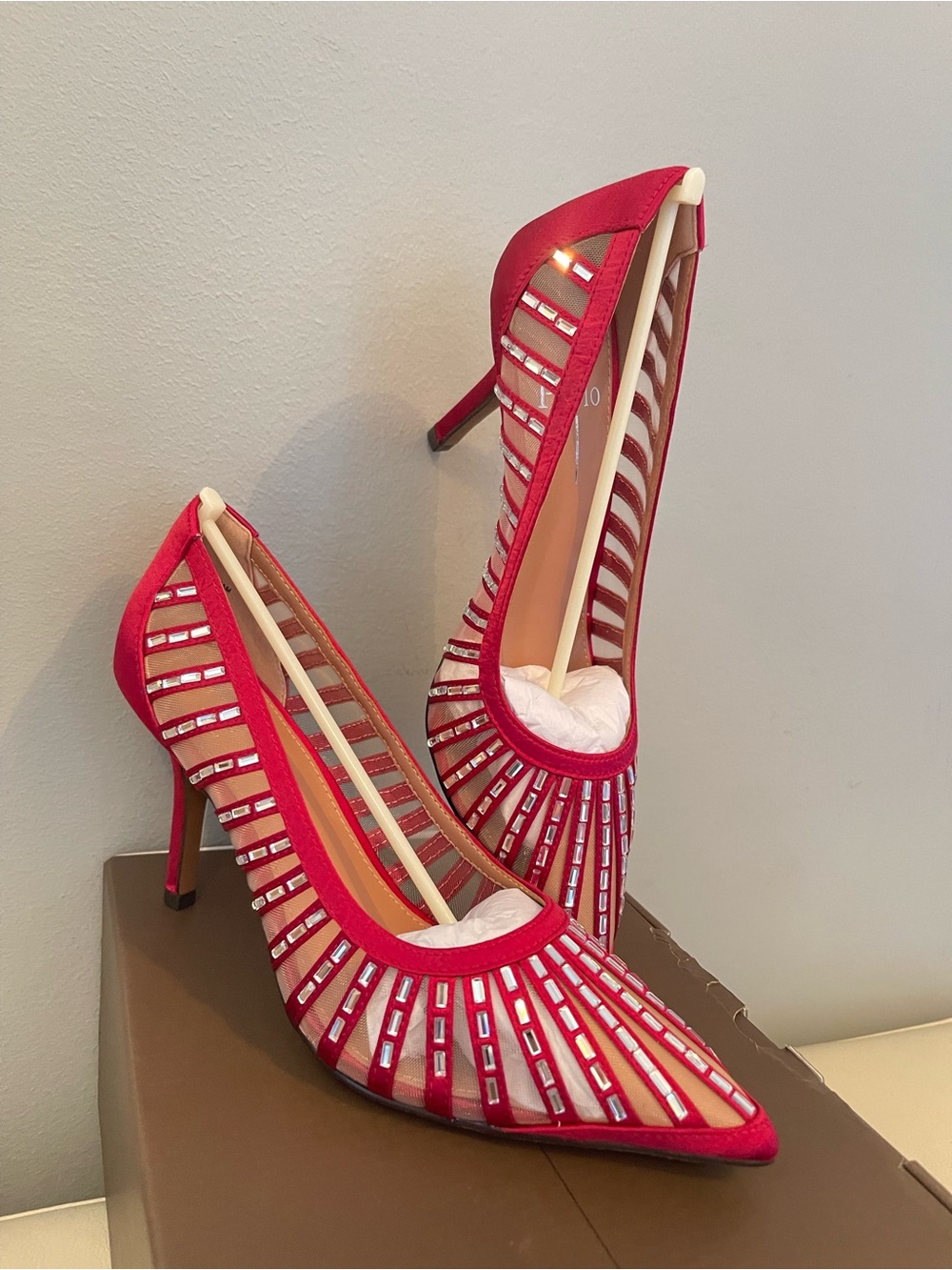 New Paolo Red Rhinestone Crystal Striped Pointed-Toe Heels